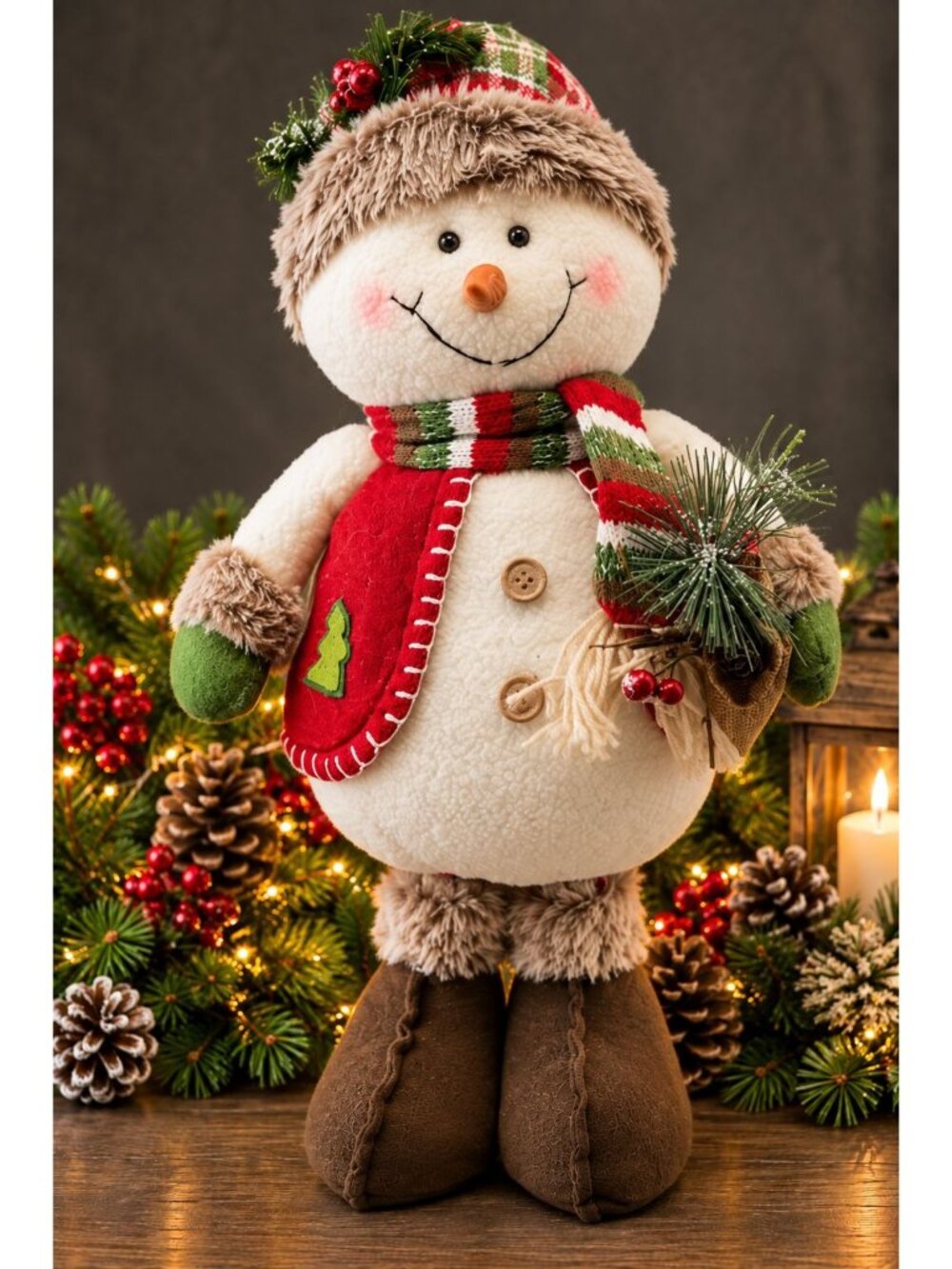 Christmas Snowman Figurine 18" Woodland Greenery Red Vest Rustic Winter Decor